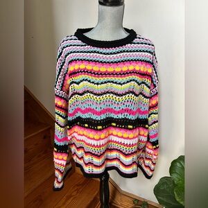 Open-Knit Striped Crewneck Sweater in Pink/Yellow/Blue/Black